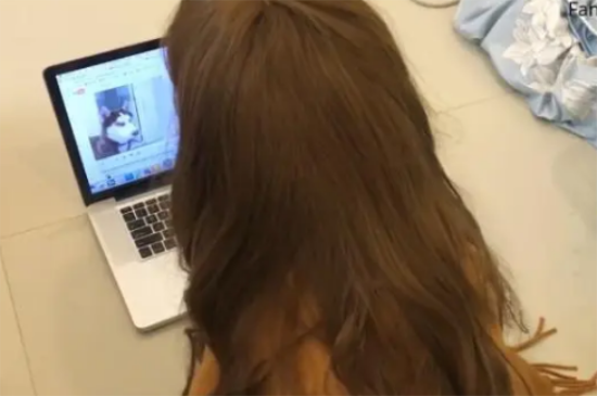二哈戴假发装扮成女主人，看到狗子正面时被逗笑了